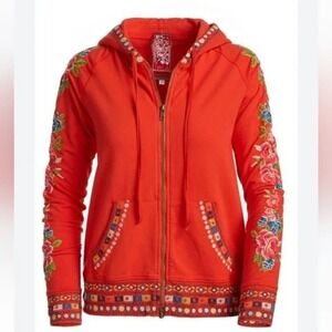 JWLA Johnny Was Red Floral Embroidered Zip Up Hoodie Sweatshirt Womens XL Boho